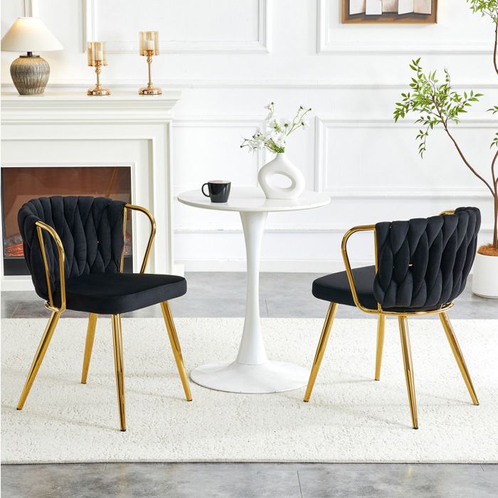 Chaise capitonnée moderne en velours dossier tressé pieds dorés en métal pour salle à manger noir-or