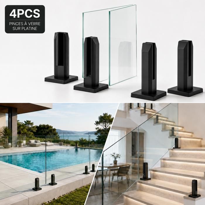 Lot 4 Pinces à verre Supports au sol pour garde-corps piscine verre 8 à 12 mm inox noir