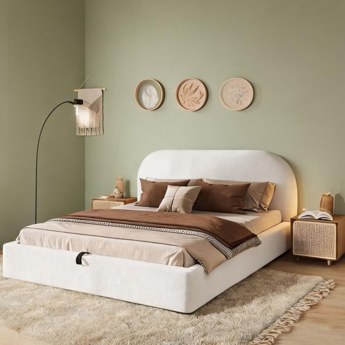Lit double 180x200 cm avec coffre hydraulique revêtement bouclette beige sommier inclus rangement optimisé