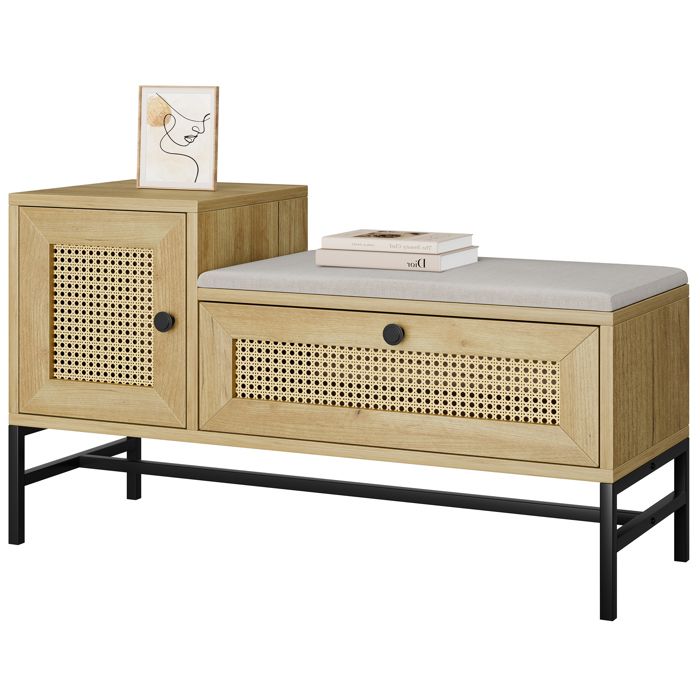 Banc à chaussures en rotin chêne gris – Coussin lin armoire + tiroir rabattable – Meuble entrée gain de place – 100x38x47 cm