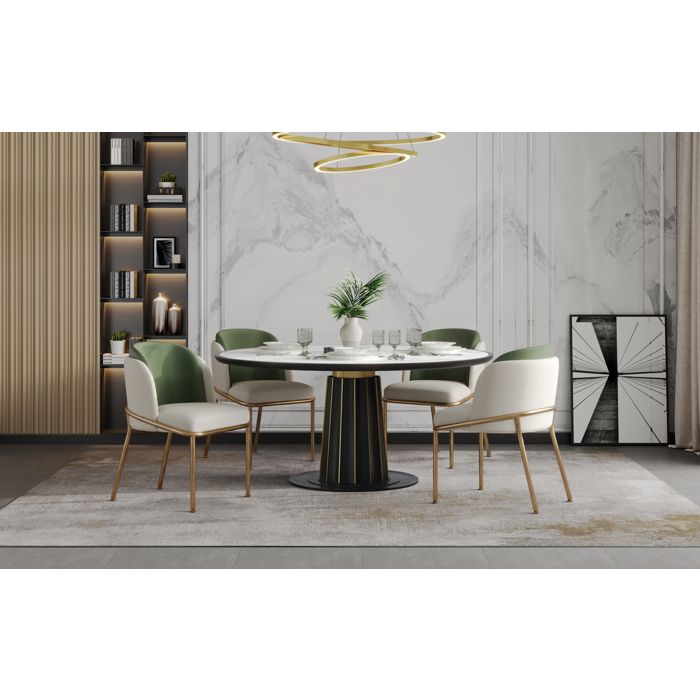 COVREO Lot de 4 chaises de salle a manger avec accoudoirs 55 x 55 x 85 cm vert beige dore pieds reglables