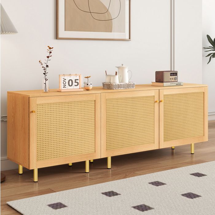 Buffet bas enfilade 3 portes modulaire rangement salle à manger effet rotin aspect bois naturel 180 x 40 x 63 cm Grjofek