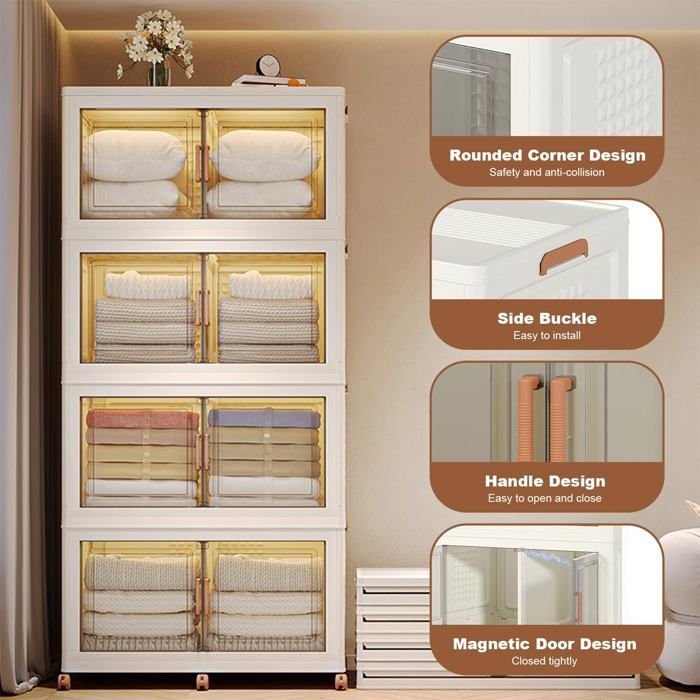 JOLLYTOP Lot 4 Boîtes Rangement 580L Empilables Pliables - Avec Roulettes et Couvercle - Organisateur Plastique Chambre/Armoire
