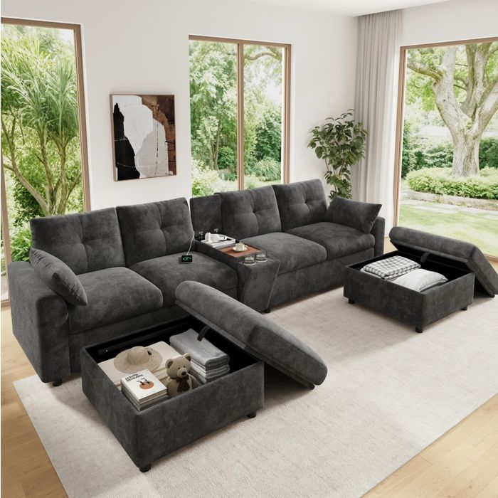 Canapé dangle modulable 6 places avec rangement - YEAVIO - console centrale USB Type-C chenille gris