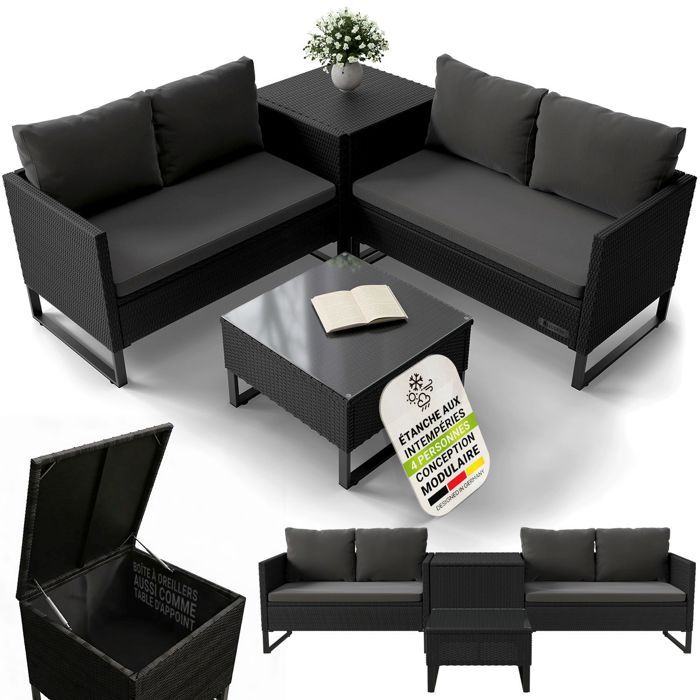 Juskys Salon de jardin lounge Santorini en polyrattan noir/gris – ensemble de mobilier extérieur