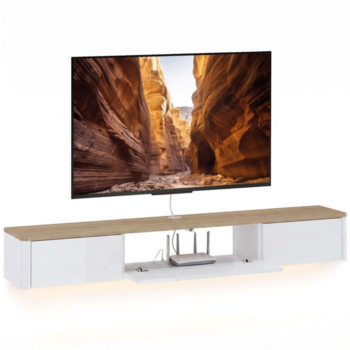Meuble TV suspendu - Banc télé mural avec rangement - 2 tiroirs - Placard - Prises - Blanc et bois - 140 x 24 x 20 cm - ZENLINKJH