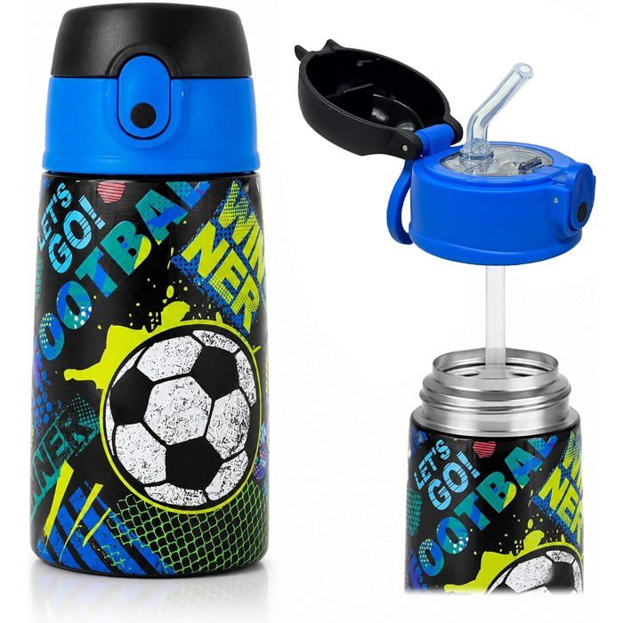 Gourde Isotherme Enfant Garçon 400ml-Bouteille dEau en Acier Inoxydable avec Paille et Ouverture Pop-Up-Anti-Fuite Sans BPA