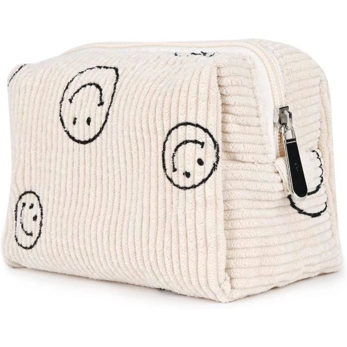 Trousse Maquillage Velours Côtelé Beige - Grande Pochette Toilette Voyage Femme Élégante