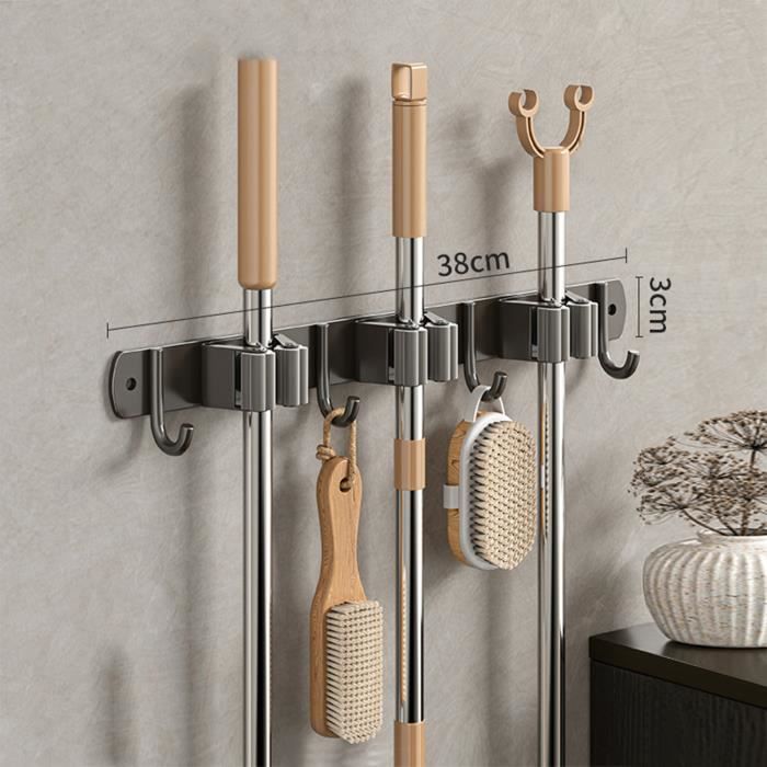 Porte-Balai Mural Avec 5 Supports Et 6 Crochets Auto-Adhésif - Organisateur Outils Blanc Pour Cuisine Et Jardin
