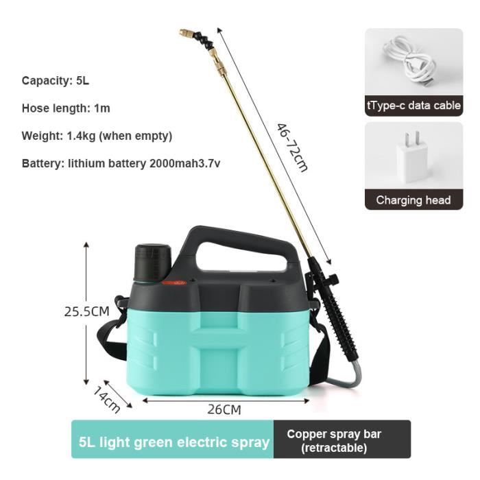 Pulvérisateur électrique à Batterie 5L - 2 Buses, Tige Télescopique, Bandoulière, Pour Jardin Et Traitement
