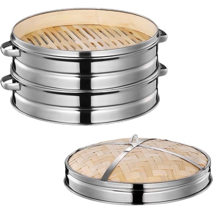Cuiseur Vapeur en Bambou de 18 cm à Deux Niveaux - Couvercle et 2 Paniers Inclus - Idéal pour Cuisine Asiatique, Petits Pains, Boulettes, Légumes