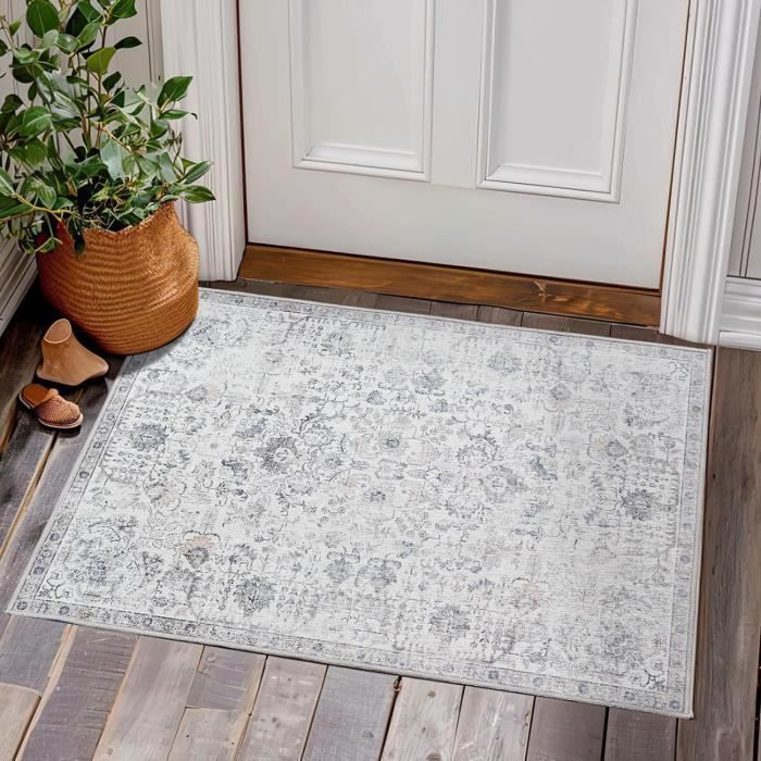 Tapis De Porte Vintage Bohème 60x90 Cm - Motif Fleurs Rétro Multicolore, Antidérapant, Pliable Cuisine Chambre