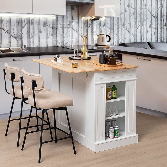 COSTWAY Ilot Central Cuisine avec Tiroirs et 2 Portes 120x61x92cm Desserte de Cuisine avec Étagère Réglable Étagères Latéraux