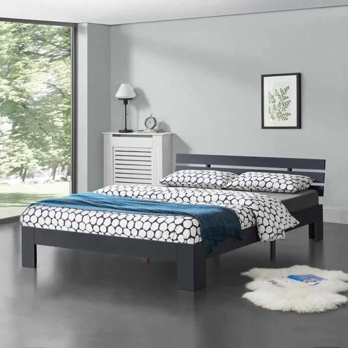 cadre de lit design nivala à sommier à lattes capacité de charge 150 kg lit double stylé en pin et bois stratifié 140 x 200 cm gris