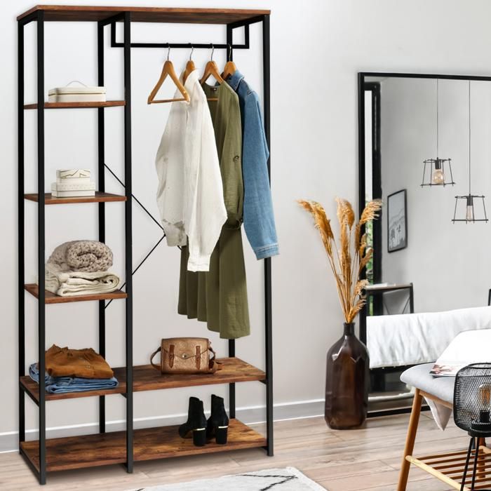 IDMARKET Dressing penderie étagères L. 90 cm HAWKINS bois foncé design industriel