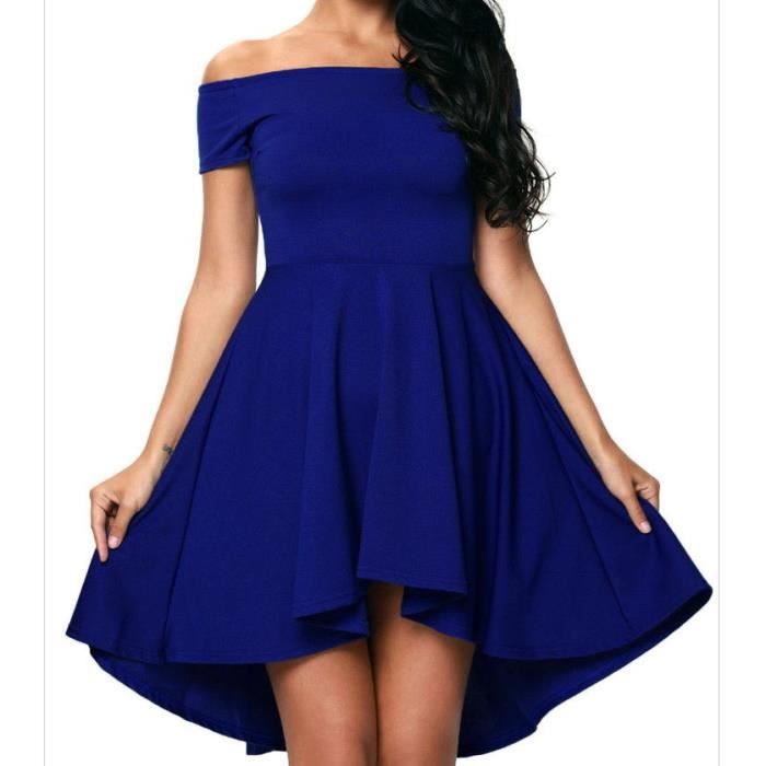 Bleu royal Robe de Soiree Cocktail Mini Longue Derriere Court Devant Sexy Col Bateau epaule Nu Manche Courte Grande Taille Elegant Bleu Cdiscount Pret a Porter