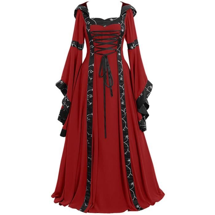 Robe Medievale Femme Robe Bandage À Manches Longues Cosplay Vintage Et Digothique Rouge