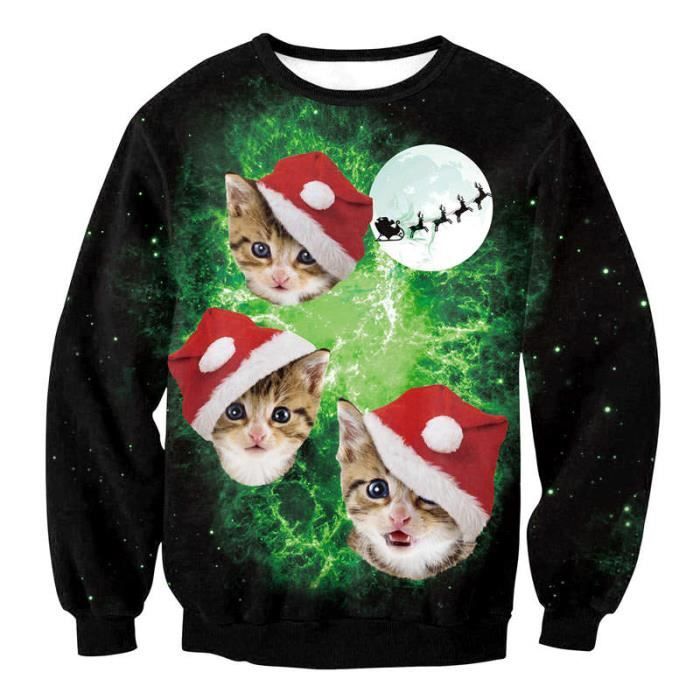 De noel Sweatshirt femme de Marque luxe Dessin anime Chat Impression numerique 3D pull femme Printemps et automne Section Noir vert Noir Noir vert Cdiscount Pret a Porter