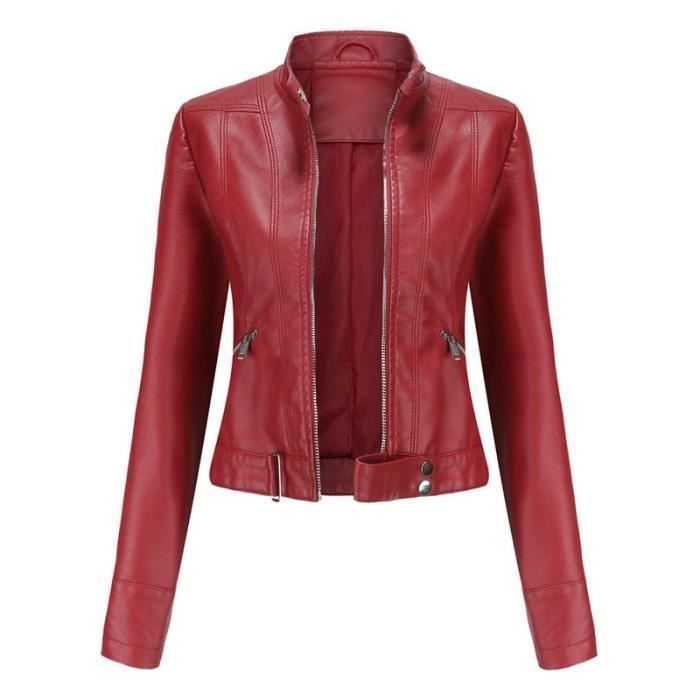 Blouson Court Simili Cuir Femme INSFITY Rouge Coupe slim Col montant  Fermeture éclair