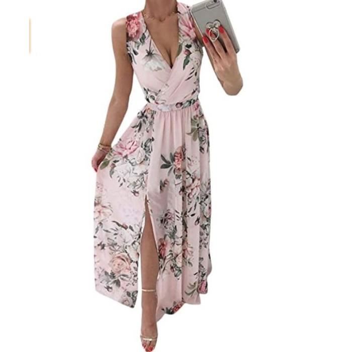 Robe Longue Femme Mode Col En V Sans Manches Impression