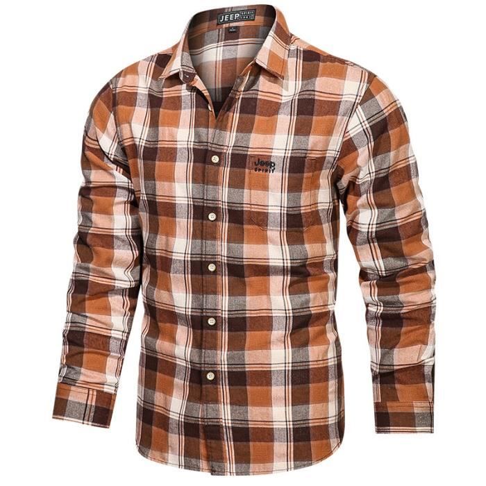 Chemise Homme A Carreaux Coton Regular Fit Manches Longues INSFITY Orange Printemps et automne