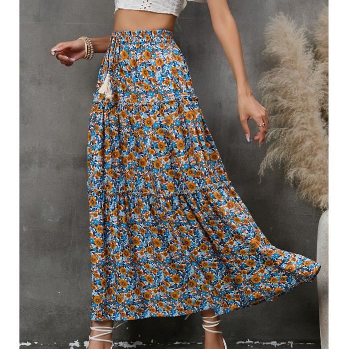 Dilwe jupe mi longue Jupe Longue Imprimee a Volants pour Femmes Jupe Vintage Boheme Loisirs Vacances ete Jupe vetements jupe Royalblue Cdiscount Pret a Porter