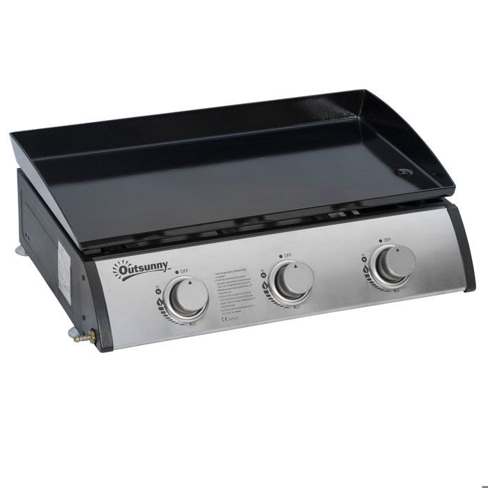 Plancha gaz - Outsunny - acier inox 3 brûleurs 9 kW antiadhésive grande surface gril cuisine - inox - 61x355cm