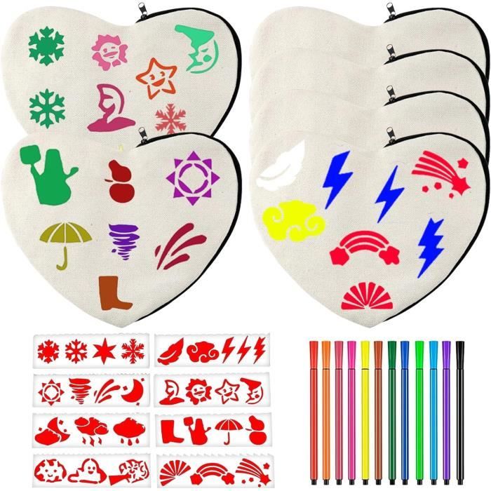 Kit DIY 10 Pochettes Tissu Cœur Vierges - Avec 12 Crayons Aquarelle Et 8 Modèles, Trousse Maquillage, Portefeuille