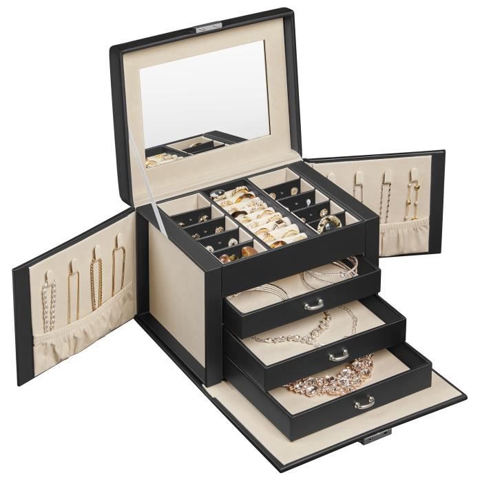 SONGMICS Boîte à Bijoux 4 Niveaux 3 Tiroirs Grand Miroir Serrure Coffre de Rangement avec Poignées Noir