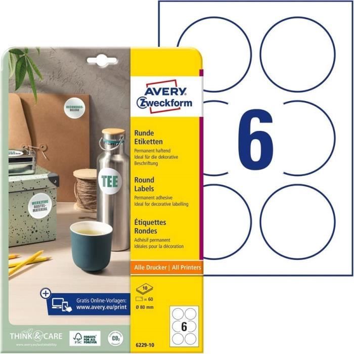 Etiquette Ronde Avery Zweckform 6229-10 Étiquettes rondes (60 pastilles adhésives, Ø 80 ...