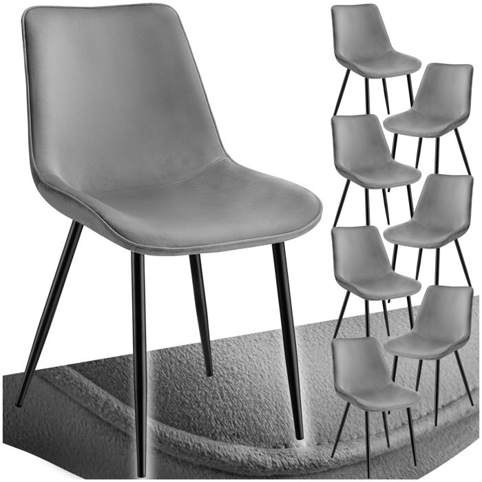 Chaise - TECTAKE - Lot de 8 fauteuils MONROE aspect velours et ergonomique pieds en acier noir 48 x 59 x 825 cm - Gris