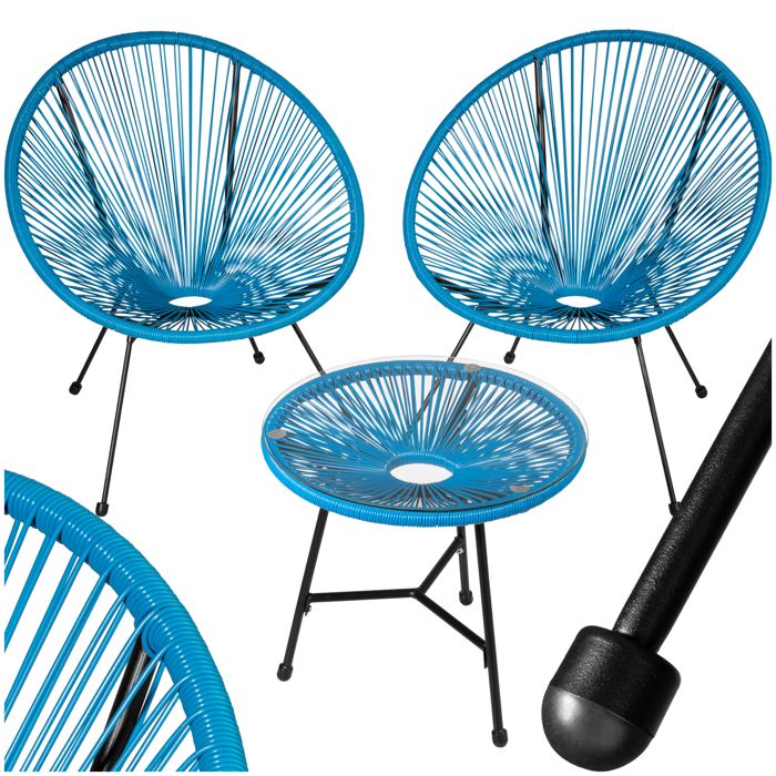 Ensemble table et chaise de jardin - TECTAKE - Salon extérieur SANTANA 2 chaises avec table et plateau en verre résistant - Bleu