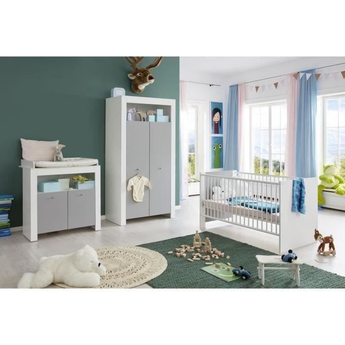 Chambre bébé Trio : Lit 70 x 140 cm + Commode à langer + Armoire PIA -  Blanc et gris - TREND TEAM - Cdiscount Puériculture & Eveil bébé