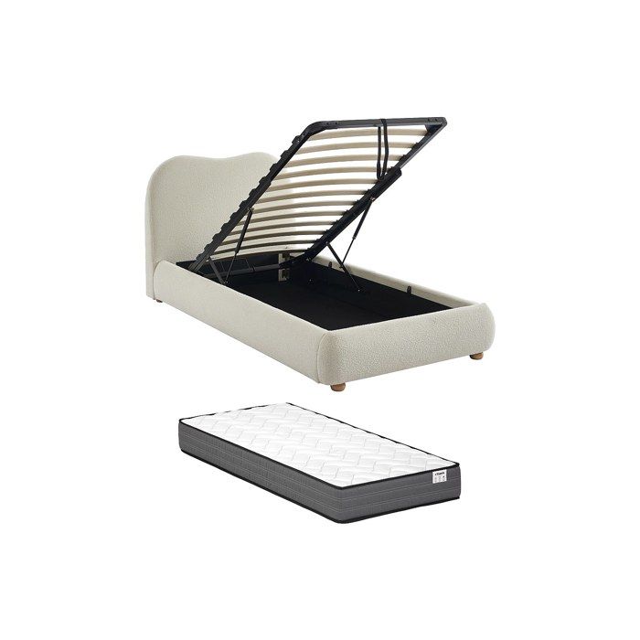 Lit coffre 90 x 190 cm - Tissu bouclette - Blanc + Matelas - VANARI Lit coffre 90 x 190 cm - Tissu bouclette - Blanc + Matelas - VANARI