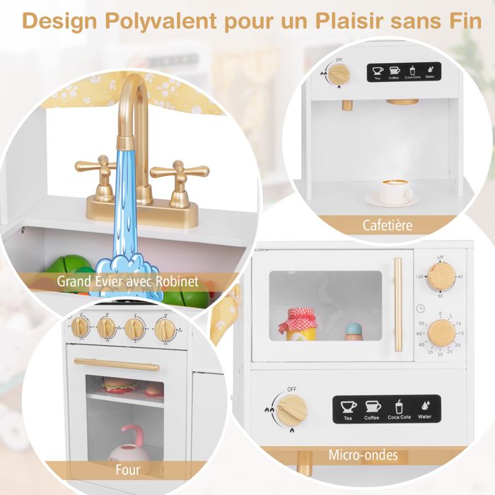 GOPLUS Cuisine en Bois Enfant, Jouet de Cuisine avec Robinet Rotatif, Évier Amovible, Micro-Ondes, Four, Espace de Rangement, Montage Facile, Cadeau pour Garçon Fille 3 Ans, Blanc