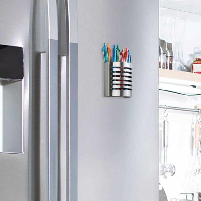 IDesign Pot à Crayons Magnétique En Acier Brossé – Porte-Stylo Aimanté Pour Frigo, Tableau Ou Bureau – Argenté Mat – Sans Perçage