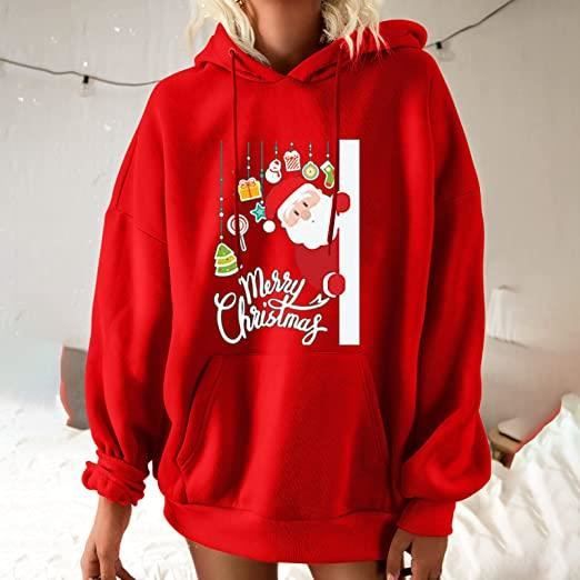 Sweat a capuche de Noel pour femme Imprime Pere Noel Grande taille Pull de Noel Hiver a manches longues Sweat a capuche av red Cdiscount Pret a Porter
