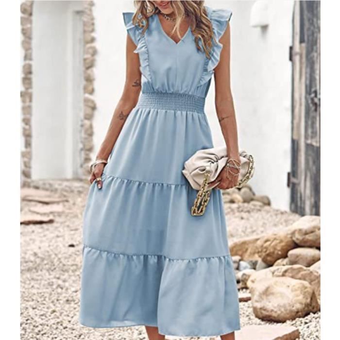 Robe ete femme longue elegante Robe de plage Bleu unie Robe col V sans manches Robe grande taille fille ceremonie pas cher Bleu Cdiscount Pret a Porter