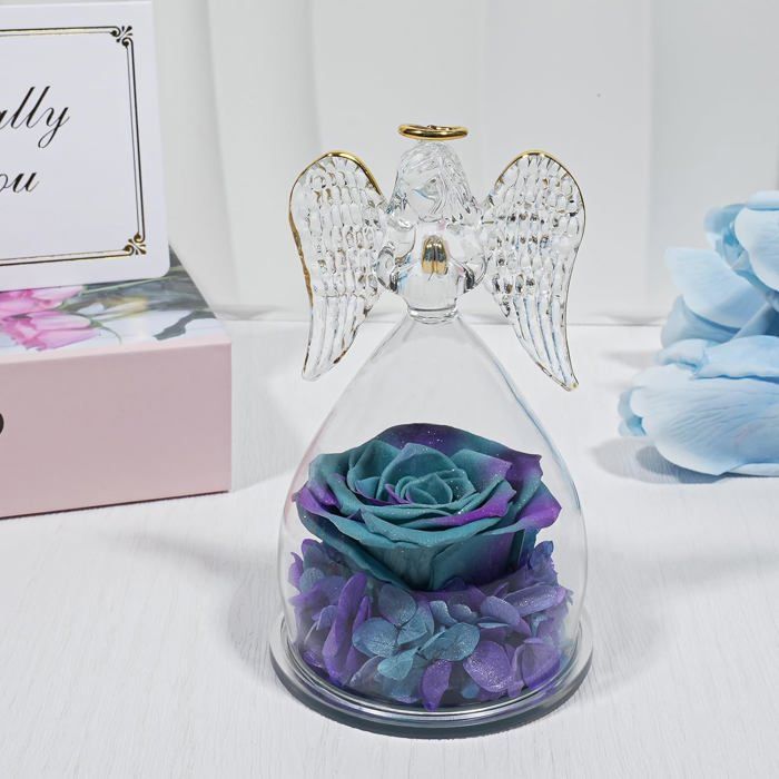 Rose Eternelle Cadeau Femme - Fleur Ange Figurine dans Un Dôme de Verre pour Maman, sous Cloche, Décoration, Anniversaire, Noël, Saint-Valentin