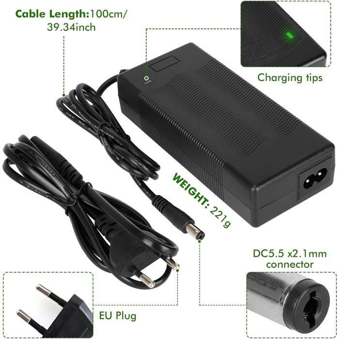 KBIBCK Chargeur Trotinette Electrique, 42V 2A Chargeur Hoverboard avec 6 Connecteurs, Scooter Électrique, Chargeur Universel Batterie pour Xiaomi M365/Pro 2,Hoverboard, Planche à Dérive,Monocycle (EU