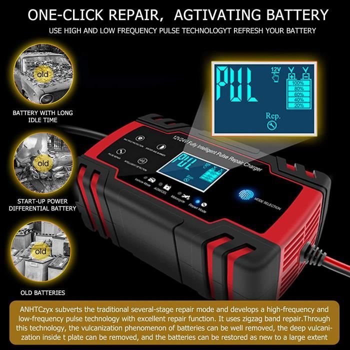 Chargeur batterie voiture Intelligent 12V/24V 8A, 3 Étapes de Chargeur  Batterie Mainteneur et Automatique Réparation Fonction