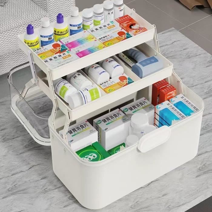 Boîte Rangement Médicaments 2 Étages - Grande Pharmacie Plastique Transparente Avec Poignée