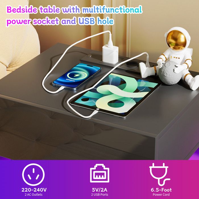 Table De Chevet LED Table De Nuit LED Moderne Avec Multiprise USB - 3 Tiroirs - 36 Couleurs RGB - Meuble Chambre Design Noir 45x40x65cm Table Nuit Tiroirs Rangement