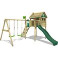 FATMOOSE Aire de jeux Portique bois FunFactory avec balançoire et toboggan vert Maison enfant sur pilotis avec échelle d'escalade-0