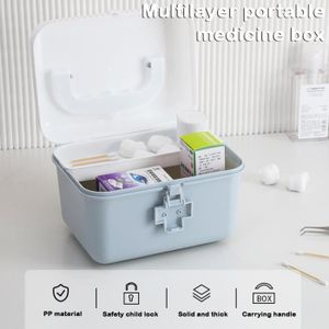 TROUSSE DE SECOURS Boîte de rangement de premiers soins, boîte de rangement de coffre de médecine familiale en plastique à 2 couches -BLEU