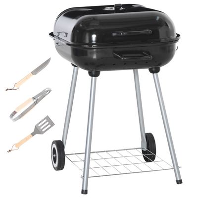 Barbecue à Charbon Outsunny Avec Couvercle, Roues Et Ustensiles - Grand Foyer 113x62x97 Cm Noir