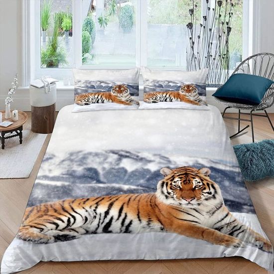 Housse De Couette 140x200 Cm + 2 Taies 65x65 Cm - Motif Tigre 3D, Microfibre Douce - Parure De Lit 1 Personne, Fermeture éclair