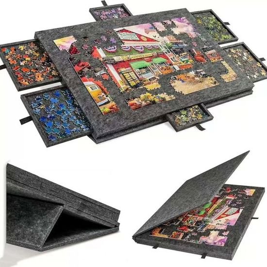 Planche de puzzle pliable avec support 2 en 1 et housse de rangement en feutre, portable avec 6 tiroirs pour jusqu'à 1000 pièces Planche de puzzle pliable avec support 2 en 1 et housse de rangement en feutre, portable avec 6 tiroirs pour jusqu'à 1000 pièces