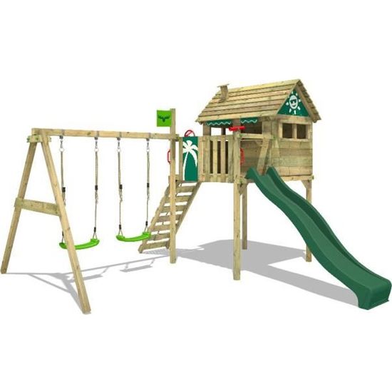 FATMOOSE Aire de jeux Portique bois FunFactory avec balançoire et toboggan vert Maison enfant sur pilotis avec échelle d'escalade
