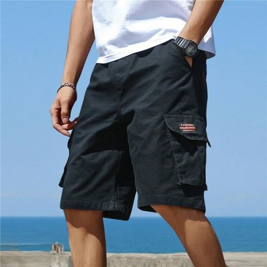 Short Cargo Homme Coton Sergé Multi-Poches – Léger, Décontracté, Poches Zippées, Coupe Droite, Idéal Travail Plein Air Et Été